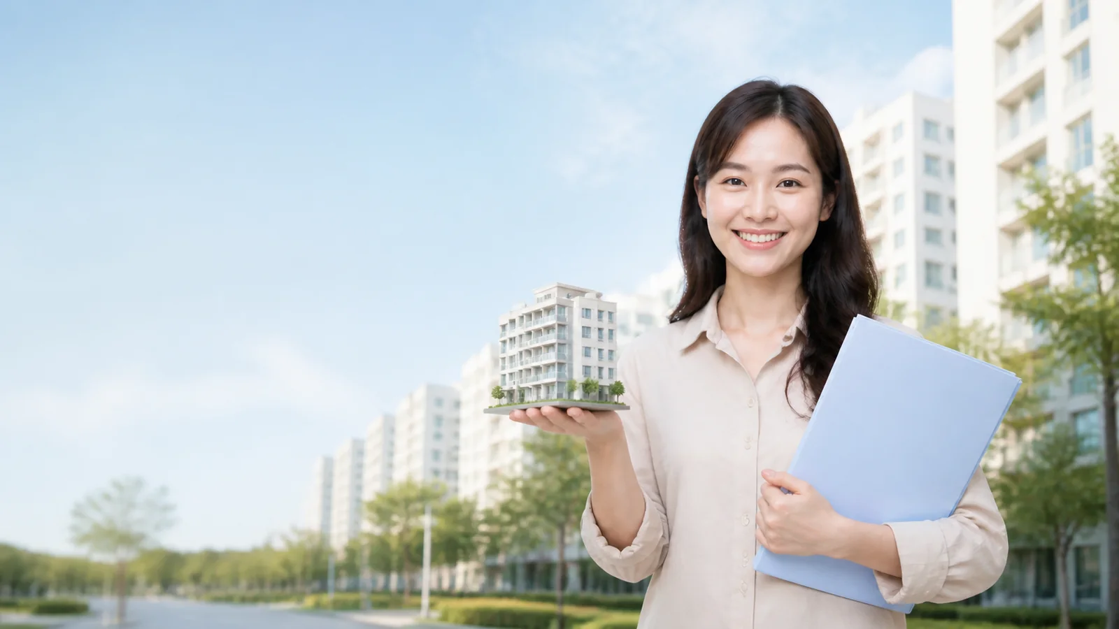 Người phụ nữ Việt Nam với mô hình khu nhà ở và bộ hồ sơ